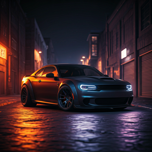 Customized Dodge Hellcat on a dark urban street at night
