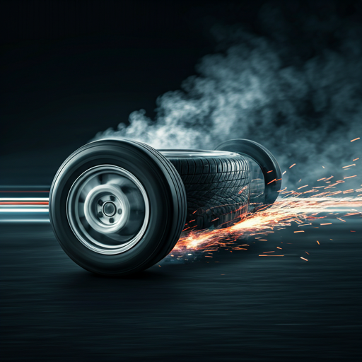 Tires spinning on asphalt with smoke and sparks