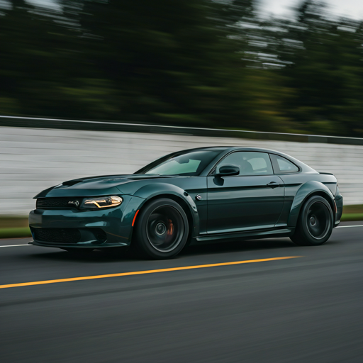 Dodge Challenger Hellcat speeding through neon-lit highway at night